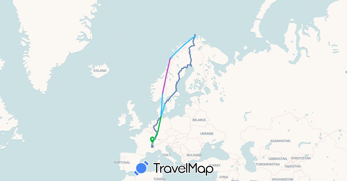 TravelMap itinerary: driving, bus, cycling, train, boat in Switzerland, Germany, Finland, France, Norway, Sweden (Europe)